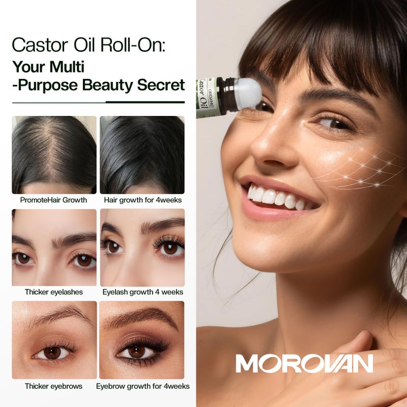 Morovan Castor Oil Roll On 50ml: Organic Castor Oil for Hair Growth, Eyebrows & Eyelashes, Nourishes Sparse Hair Strengthens Hair Roots, For Men & Women - Image 3